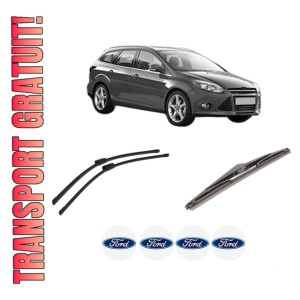Set 3 stergatoare FORD FOCUS III Turnier din 2010-2020, pentru parbriz si luneta fata si spate auto, Bosch Twin-Aerotwin Multi, din cauciuc siliconat rezistent, 4 Stickere Auto FORD