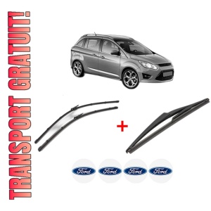 Set 3 stergatoare FORD GRAND C-MAX (DXA/CB7, DXA/CEU) din 2010 - 2019, pentru parbriz si luneta fata si spate auto, Valeo Silencio, din cauciuc siliconat rezistent, 4 Stickere Auto FORD