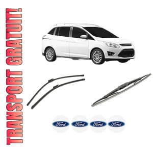 Set 3 stergatoare FORD GRAND C-MAX Van din 2010-2019, pentru parbriz si luneta fata si spate auto, Bosch Twin-Aerotwin, din cauciuc siliconat rezistent, 4 Stickere Auto FORD