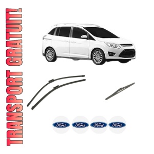 Set 3 stergatoare FORD GRAND C-MAX Van din 2010-2019, pentru parbriz si luneta fata si spate auto, Bosch Twin-Aerotwin, din cauciuc siliconat rezistent, 4 Stickere Auto FORD