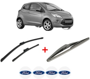 Set 3 stergatoare FORD KA (RU8) din 2008 - 2016, pentru parbriz si luneta fata si spate auto, Bosch Twin, din cauciuc siliconat rezistent, 4 Stickere Auto FORD v7445