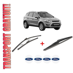 Set 3 stergatoare FORD KUGA I din 2008 - 2019, pentru parbriz si luneta fata si spate auto, Valeo Silencio, din cauciuc siliconat rezistent, 4 Stickere Auto FORD