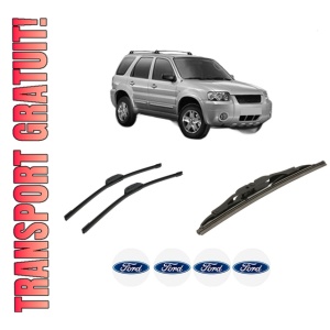 Set 3 stergatoare FORD MAVERICK din 2001-2004, pentru parbriz si luneta fata si spate auto, Bosch Twin-Aerotwin Retrofit, din cauciuc siliconat rezistent, 4 Stickere Auto FORD