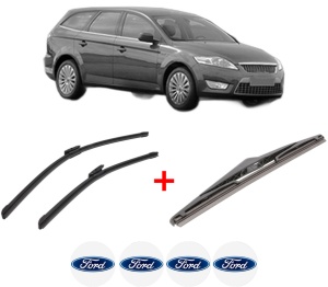 Set 3 stergatoare FORD MONDEO IV Turnier (BA7) din 2007 - 2015, pentru parbriz si luneta fata si spate auto, Bosch Twin, din cauciuc siliconat rezistent, 4 Stickere Auto FORD v6425