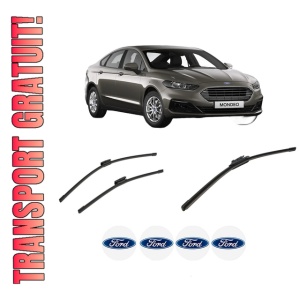 Set 3 stergatoare FORD MONDEO V Saloon (CD) din 2014-2019, pentru parbriz si luneta fata si spate auto, Bosch Aerotwin-Aerotwin Multi, din cauciuc siliconat rezistent, 4 Stickere Auto FORD