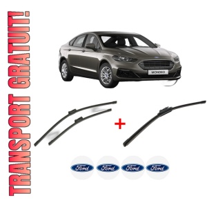 Set 3 stergatoare FORD MONDEO V Saloon (CD) din 2014, pentru parbriz si luneta fata si spate auto, Bosch Aerotwin, din cauciuc siliconat rezistent, 4 Stickere Auto FORD