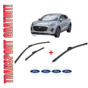 Set 3 stergatoare FORD PUMA (J2K, CF7) din 2019, pentru parbriz si luneta fata si spate auto, Bosch Aerotwin, din cauciuc siliconat rezistent, 4 Stickere Auto FORD