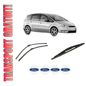 Set 3 stergatoare FORD S-MAX (WA6) din 2006-2014, pentru parbriz si luneta fata si spate auto, Bosch Twin-Aerotwin, din cauciuc siliconat rezistent, 4 Stickere Auto FORD
