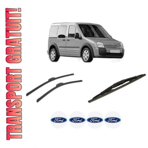 Set 3 stergatoare FORD TOURNEO CONNECT din 2002-2013, pentru parbriz si luneta fata si spate auto, Bosch Twin-Aerotwin Retrofit, din cauciuc siliconat rezistent, 4 Stickere Auto FORD