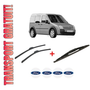 Set 3 stergatoare FORD TOURNEO CONNECT din 2002 - 2024, pentru parbriz si luneta fata si spate auto, Bosch Twin, din cauciuc siliconat rezistent, 4 Stickere Auto FORD