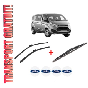 Set 3 stergatoare FORD TOURNEO CUSTOM V362 Bus (F3) din 2012 - 2023, pentru parbriz si luneta fata si spate auto, Bosch Twin, din cauciuc siliconat rezistent, 4 Stickere Auto FORD