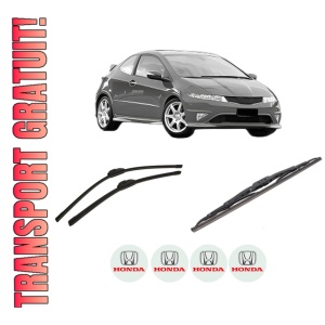 Set 3 stergatoare HONDA CIVIC VIII Hatchback (FN, FK) din 2005-2012, pentru parbriz si luneta fata si spate auto, Bosch Twin-Aerotwin, din cauciuc siliconat rezistent, 4 Stickere Auto HONDA