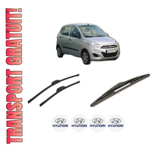Set 3 stergatoare HYUNDAI i10 I (PA) din 2007-2018, pentru parbriz si luneta fata si spate auto, Bosch Twin-Aerotwin Retrofit, din cauciuc siliconat rezistent, 4 Stickere Auto HYUNDAI