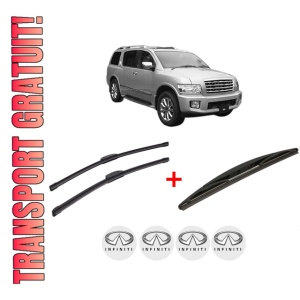 Set 3 stergatoare INFINITI QX56 din 2003 - 2014, pentru parbriz si luneta fata si spate auto, Bosch Twin, din cauciuc siliconat rezistent, 4 Stickere Auto INFINITI