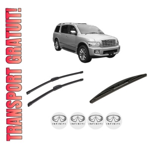 Set 3 stergatoare INFINITI QX56 din 2003-2014, pentru parbriz si luneta fata si spate auto, Bosch Twin-Aerotwin Retrofit, din cauciuc siliconat rezistent, 4 Stickere Auto INFINITI