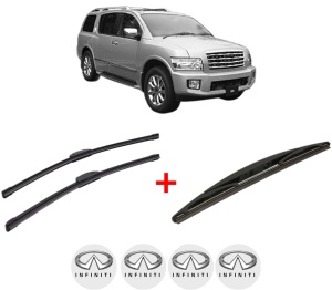 Set 3 stergatoare INFINITI QX56 din 2003 - 2014, pentru parbriz si luneta fata si spate auto, Bosch Twin, din cauciuc siliconat rezistent, 4 Stickere Auto INFINITI v5765