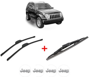 Set 3 stergatoare JEEP CHEROKEE (KJ) din 2001 - 2008, pentru parbriz si luneta fata si spate auto, Bosch Twin, din cauciuc siliconat rezistent, 4 Stickere Auto JEEP v3840