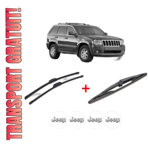 Set 3 stergatoare JEEP GRAND CHEROKEE III (WH, WK) din 2005 - 2010, pentru parbriz si luneta fata si spate auto, Bosch Twin, din cauciuc siliconat rezistent, 4 Stickere Auto JEEP