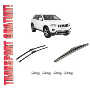Set 3 stergatoare JEEP GRAND CHEROKEE VAN (WK2) din 2013-2017, pentru parbriz si luneta fata si spate auto, Bosch Twin-Aerotwin Retrofit, din cauciuc siliconat rezistent, 4 Stickere Auto JEEP