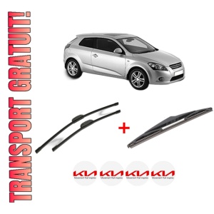 Set 3 stergatoare KIA PRO CEE'D (ED) din 2008 - 2013, pentru parbriz si luneta fata si spate auto, Bosch Twin, din cauciuc siliconat rezistent, 4 Stickere Auto KIA