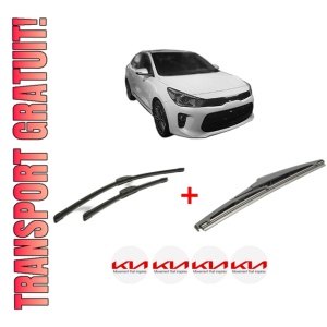 Set 3 stergatoare KIA RIO IV Hatchback Van (YB, SC, FB) din 2017, pentru parbriz si luneta fata si spate auto, Bosch Twin, din cauciuc siliconat rezistent, 4 Stickere Auto KIA