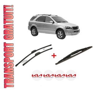 Set 3 stergatoare KIA SORENTO I (JC) din 2002 - 2011, pentru parbriz si luneta fata si spate auto, Bosch Twin, din cauciuc siliconat rezistent, 4 Stickere Auto KIA