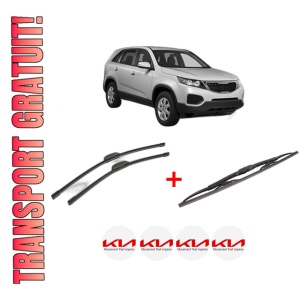 Set 3 stergatoare KIA SORENTO II (XM) din 2009 - 2015, pentru parbriz si luneta fata si spate auto, Bosch Twin, din cauciuc siliconat rezistent, 4 Stickere Auto KIA