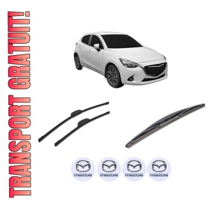 Set 3 stergatoare MAZDA 2 Hatchback (DL, DJ) din 2014-2021, pentru parbriz si luneta fata si spate auto, Bosch Twin-Aerotwin Retrofit, din cauciuc siliconat rezistent, 4 Stickere Auto MAZDA