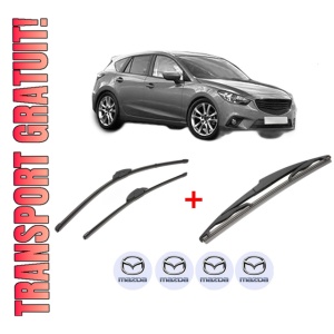 Set 3 stergatoare MAZDA 3 (BM, BN) din 2013 - 2019, pentru parbriz si luneta fata si spate auto, Valeo Silencio, din cauciuc siliconat rezistent, 4 Stickere Auto MAZDA