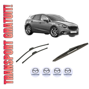 Set 3 stergatoare MAZDA 3 (BM, BN) din 2013-2019, pentru parbriz si luneta fata si spate auto, Bosch Twin-Aerotwin, din cauciuc siliconat rezistent, 4 Stickere Auto MAZDA