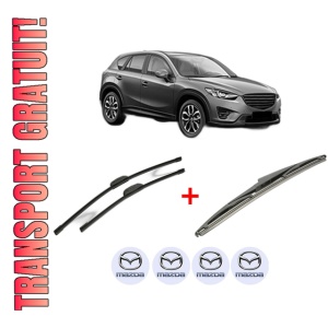 Set 3 stergatoare MAZDA CX-5 (KE, GH) din 2011 - 2017, pentru parbriz si luneta fata si spate auto, Bosch Twin, din cauciuc siliconat rezistent, 4 Stickere Auto MAZDA