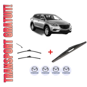 Set 3 stergatoare MAZDA CX-9 (TB) din 2006 - 2007, pentru parbriz si luneta fata si spate auto, Valeo Silencio, din cauciuc siliconat rezistent, 4 Stickere Auto MAZDA