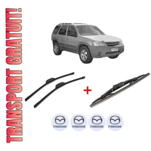 Set 3 stergatoare MAZDA TRIBUTE (EP) din 2000 - 2008, pentru parbriz si luneta fata si spate auto, Bosch Twin, din cauciuc siliconat rezistent, 4 Stickere Auto MAZDA