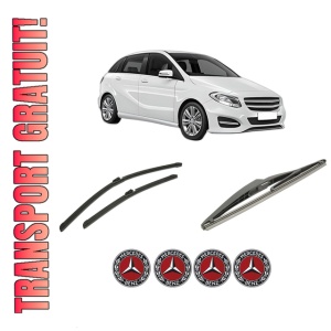 Set 3 stergatoare MERCEDES-BENZ B-CLASS Sports Tourer (W246, W242) din 2011-2018, pentru parbriz si luneta fata si spate auto, Bosch Twin-Aerotwin, din cauciuc siliconat rezistent, 4 Stickere Auto MERCEDES-BENZ