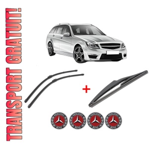 Set 3 stergatoare MERCEDES-BENZ C-CLASS T-Model (S204) din 2007 - 2014, pentru parbriz si luneta fata si spate auto, Valeo Silencio, din cauciuc siliconat rezistent, 4 Stickere Auto MERCEDES-BENZ