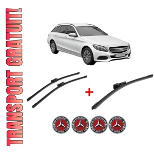 Set 3 stergatoare MERCEDES-BENZ C-CLASS T-Model (S205) din 2014 - 2021, pentru parbriz si luneta fata si spate auto, Bosch Aerotwin, din cauciuc siliconat rezistent, 4 Stickere Auto MERCEDES-BENZ