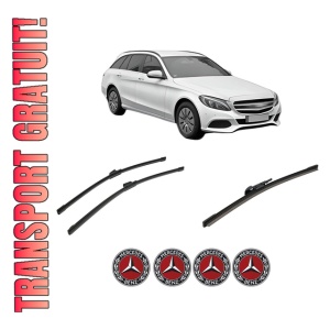 Set 3 stergatoare MERCEDES-BENZ C-CLASS T-Model (S205) din 2014-2021, pentru parbriz si luneta fata si spate auto, Bosch Aerotwin-Aerotwin, din cauciuc siliconat rezistent, 4 Stickere Auto MERCEDES-BENZ