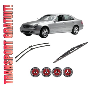 Set 3 stergatoare MERCEDES-BENZ E-CLASS Platform/Chassis (VF211) din 2003-2009, pentru parbriz si luneta fata si spate auto, Bosch Twin-Aerotwin, din cauciuc siliconat rezistent, 4 Stickere Auto MERCEDES-BENZ