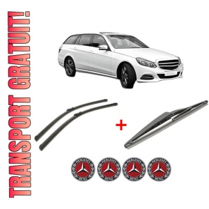 Set 3 stergatoare MERCEDES-BENZ E-CLASS T-Model (S212) din 2009 - 2016, pentru parbriz si luneta fata si spate auto, Bosch Twin, din cauciuc siliconat rezistent, 4 Stickere Auto MERCEDES-BENZ