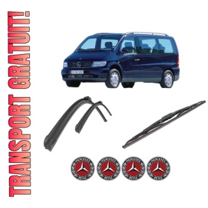 Set 3 stergatoare MERCEDES-BENZ V-CLASS Van (638/2) din 1996-2003, pentru parbriz si luneta fata si spate auto, Bosch Twin-Aerotwin Retro Truck, din cauciuc siliconat rezistent, 4 Stickere Auto MERCEDES-BENZ