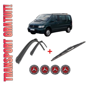Set 3 stergatoare MERCEDES-BENZ VITO Van (W638) din 1997 - 2003, pentru parbriz si luneta fata si spate auto, Bosch Twin, din cauciuc siliconat rezistent, 4 Stickere Auto MERCEDES-BENZ