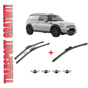 Set 3 stergatoare MINI MINI CLUBVAN (R55) din 2012 - 2014, pentru parbriz si luneta fata si spate auto, Bosch Aerotwin, din cauciuc siliconat rezistent, 4 Stickere Auto MINI