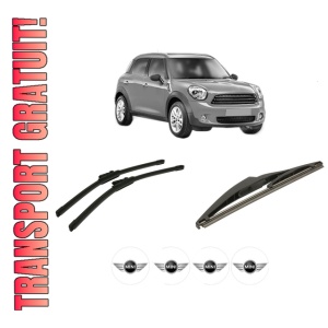 Set 3 stergatoare MINI MINI COUNTRYMAN (R60) din 2010-2016, pentru parbriz si luneta fata si spate auto, Bosch Twin-Aerotwin, din cauciuc siliconat rezistent, 4 Stickere Auto MINI