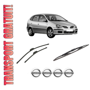 Set 3 stergatoare NISSAN ALMERA TINO (V10) din 2000-2006, pentru parbriz si luneta fata si spate auto, Bosch Twin-Aerotwin Retrofit, din cauciuc siliconat rezistent, 4 Stickere Auto NISSAN