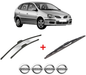 Set 3 stergatoare NISSAN ALMERA TINO (V10) din 2000 - 2006, pentru parbriz si luneta fata si spate auto, Bosch Twin, din cauciuc siliconat rezistent, 4 Stickere Auto NISSAN v10985