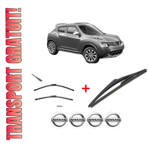 Set 3 stergatoare NISSAN JUKE (F15) din 2010 - 2019, pentru parbriz si luneta fata si spate auto, Valeo Silencio, din cauciuc siliconat rezistent, 4 Stickere Auto NISSAN