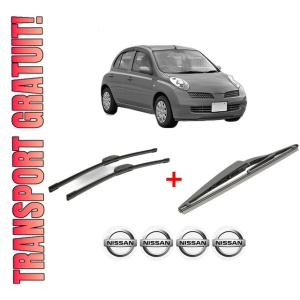Set 3 stergatoare NISSAN MICRA III (K12) din 2002 - 2010, pentru parbriz si luneta fata si spate auto, Bosch Twin, din cauciuc siliconat rezistent, 4 Stickere Auto NISSAN