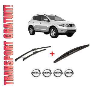 Set 3 stergatoare NISSAN MURANO II (Z51) din 2008 - 2014, pentru parbriz si luneta fata si spate auto, Bosch Twin, din cauciuc siliconat rezistent, 4 Stickere Auto NISSAN