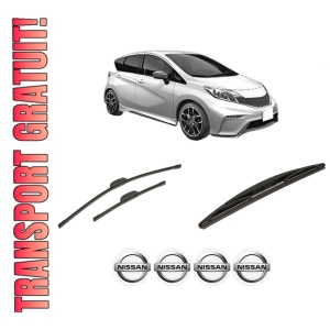 Set 3 stergatoare NISSAN NOTE (E12) din 2012-2016, pentru parbriz si luneta fata si spate auto, Bosch Twin-Aerotwin Retrofit, din cauciuc siliconat rezistent, 4 Stickere Auto NISSAN