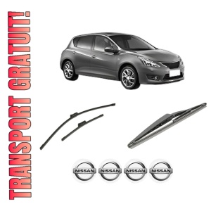 Set 3 stergatoare NISSAN PULSAR Hatchback (C13) din 2012-2015, pentru parbriz si luneta fata si spate auto, Bosch Twin-Aerotwin, din cauciuc siliconat rezistent, 4 Stickere Auto NISSAN